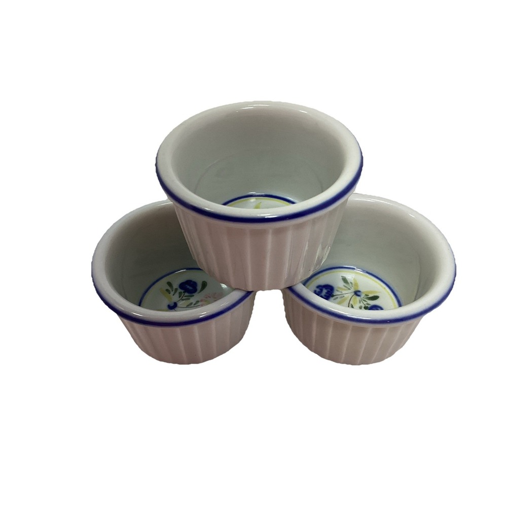 VIANA DO CASTELO Portugal Pottery 3 Custard Cups Ramekins Blue White Handpainted
